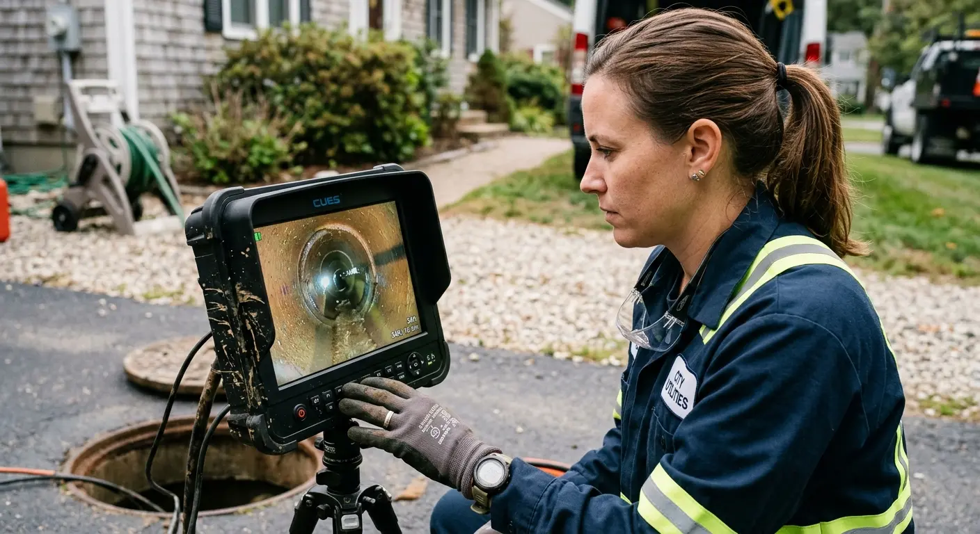 Technician reviewing sewer camera inspection footage in Mandeville