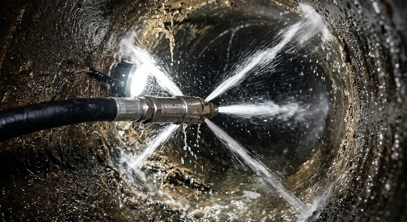 High-pressure hydro jetting nozzle cleaning sewer pipe for Emergency Drain Service in Mandeville