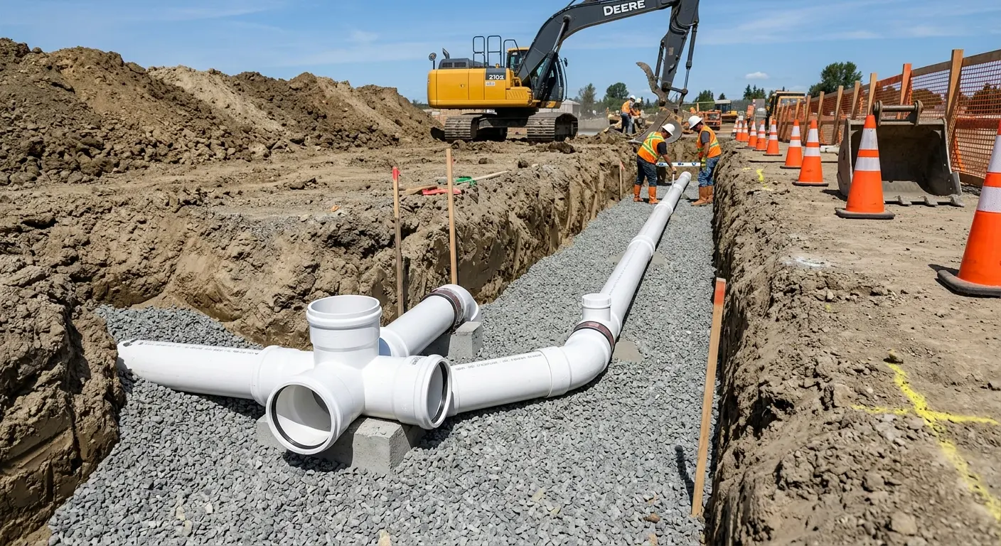 New PVC sewer pipe installation in open trench for Sewer Backup in Mandeville