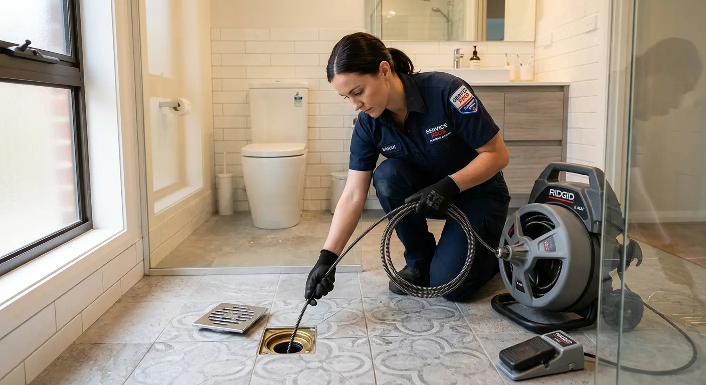 Technician clearing a bathroom floor drain for Drain Cleaning in Mandeville